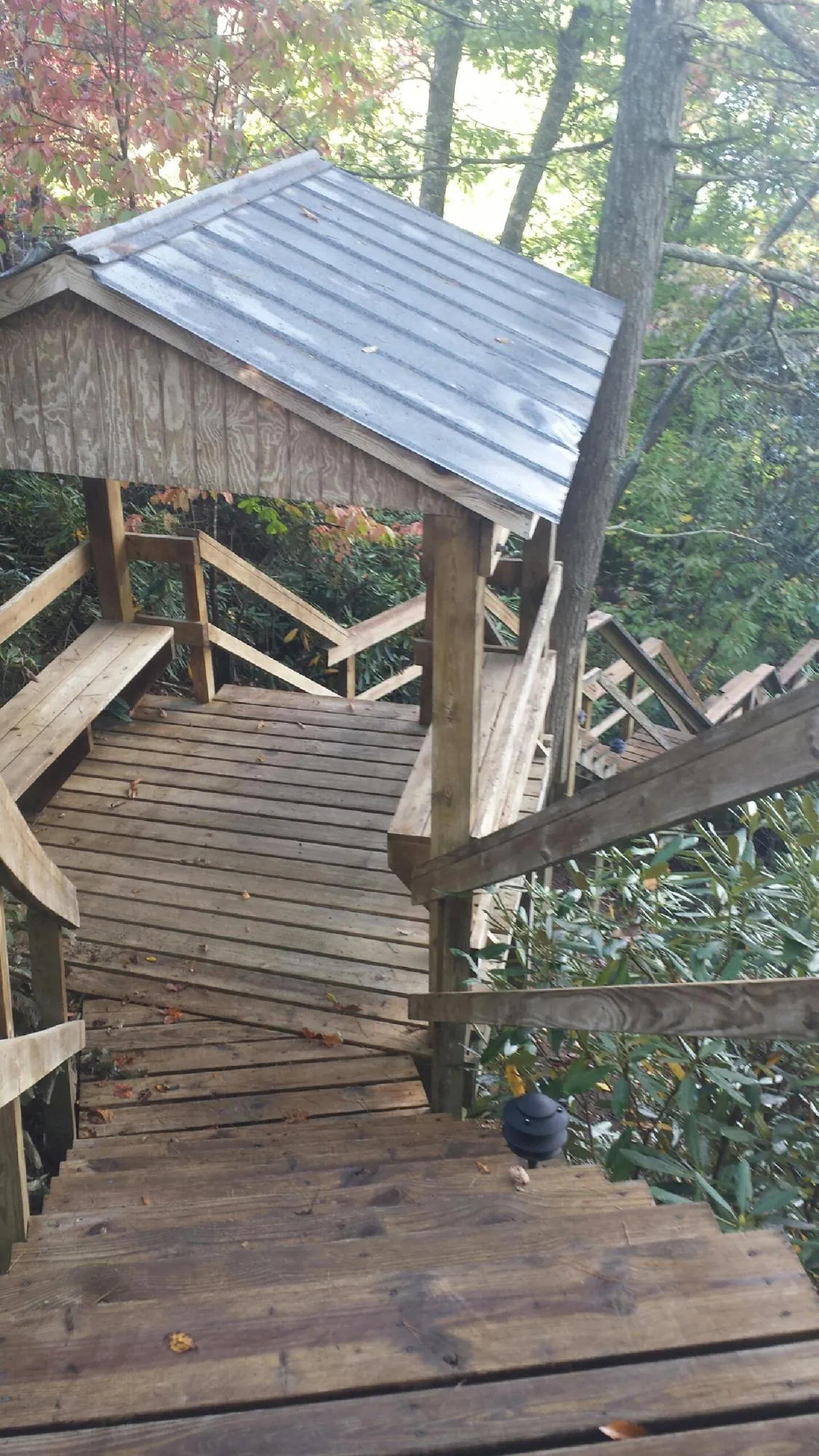Metal roofed shelter over wooden steps on a wooded walkway — Skylight Repair & Installation work by our crew in Welch
